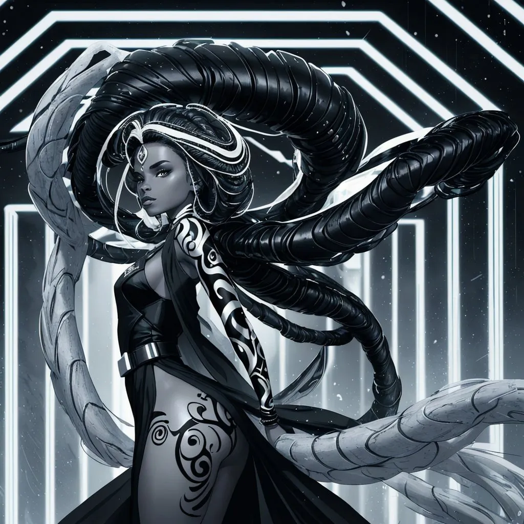 Prompt: A beautiful young woman, stunning, alien, black and white skin, jedi, symmetrical, hardened, tentacles for hair, tough, head-tendrils, tentacles for hair