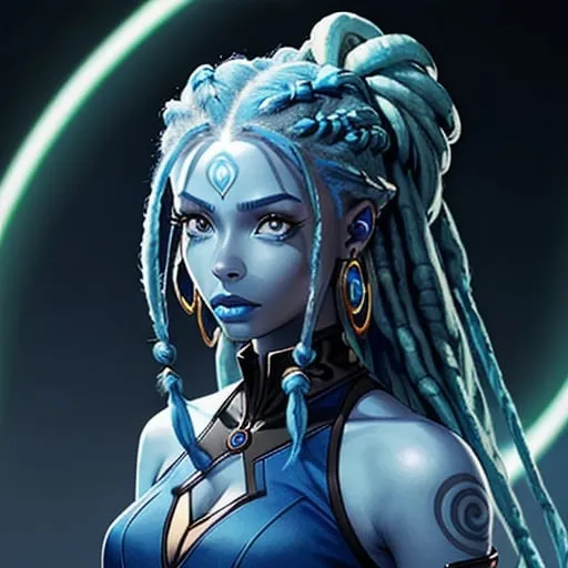 Prompt: A beautiful young woman, stunning, alien, blue skin, tendrils for hair, dreadlocks, jedi, symmetrical, hardened