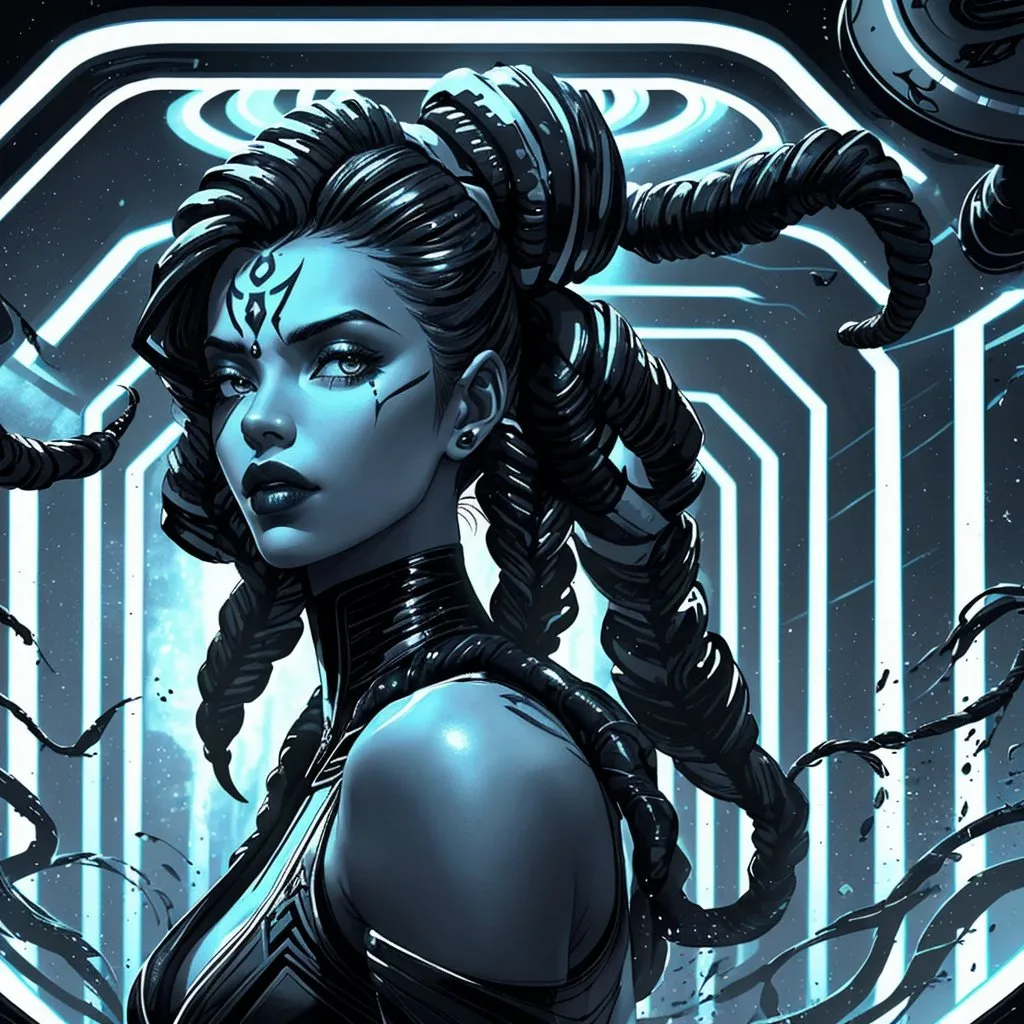 Prompt: A beautiful young woman, stunning, alien, black and white skin, jedi, symmetrical, hardened, tendrils for hair, tough, head-tendrils