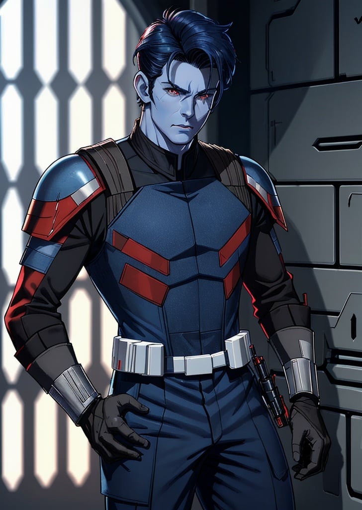 Prompt: man, red eyes, star wars, imperial officer, Chiss, slicked hair, navy blue skin, blue skin, manly, masculine, hardened
