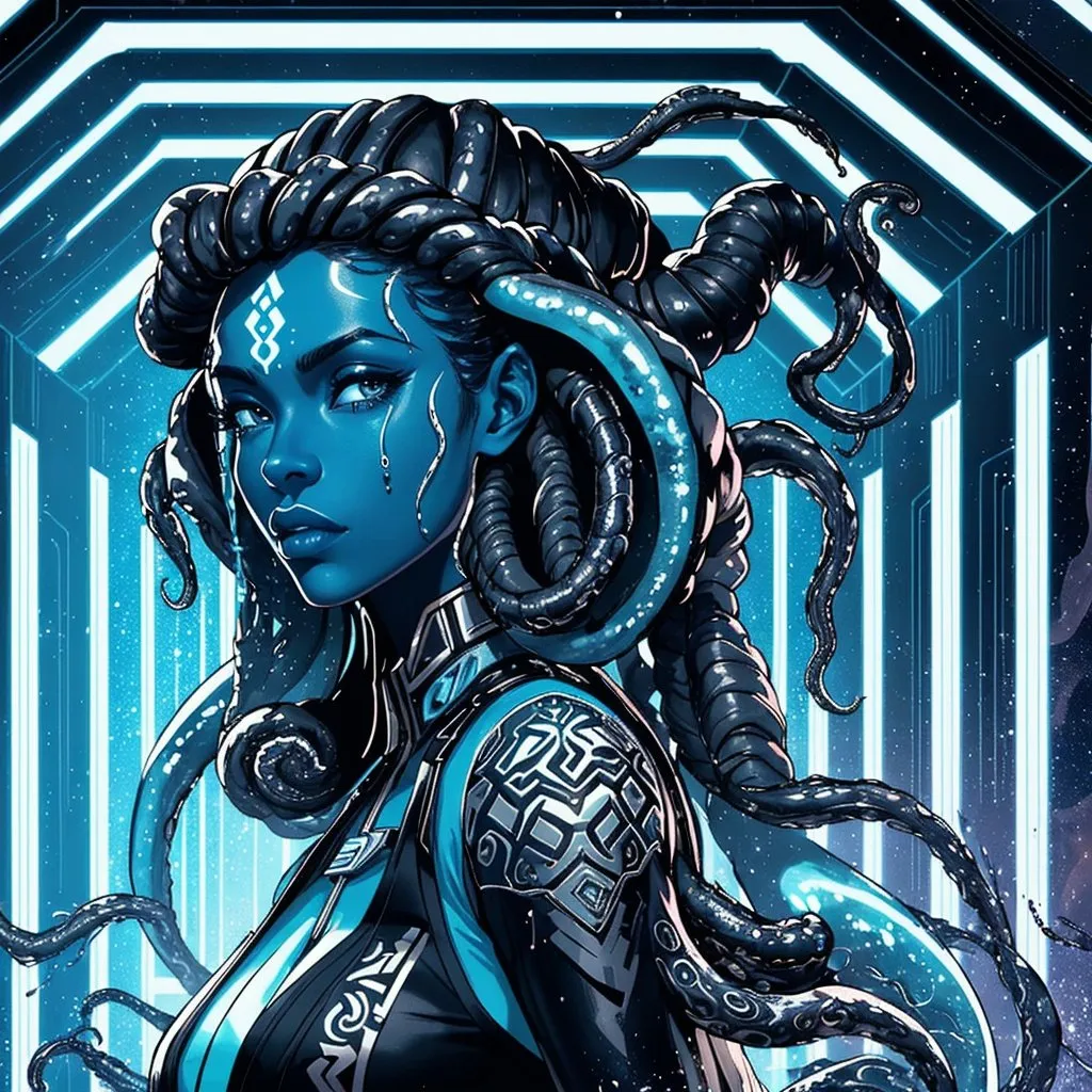 Prompt: A beautiful young woman, stunning, alien, black and white skin, jedi, symmetrical, hardened, tentacle hair, tendrils for hair, tough, head-tendrils