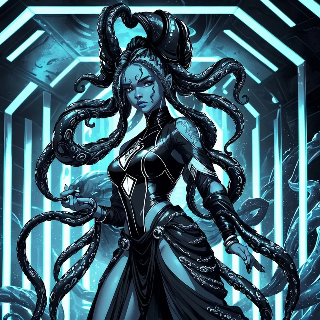 Prompt: A beautiful young woman, stunning, alien, black and white skin, jedi, symmetrical, hardened, tentacle hair, tendrils for hair, tough, head-tendrils