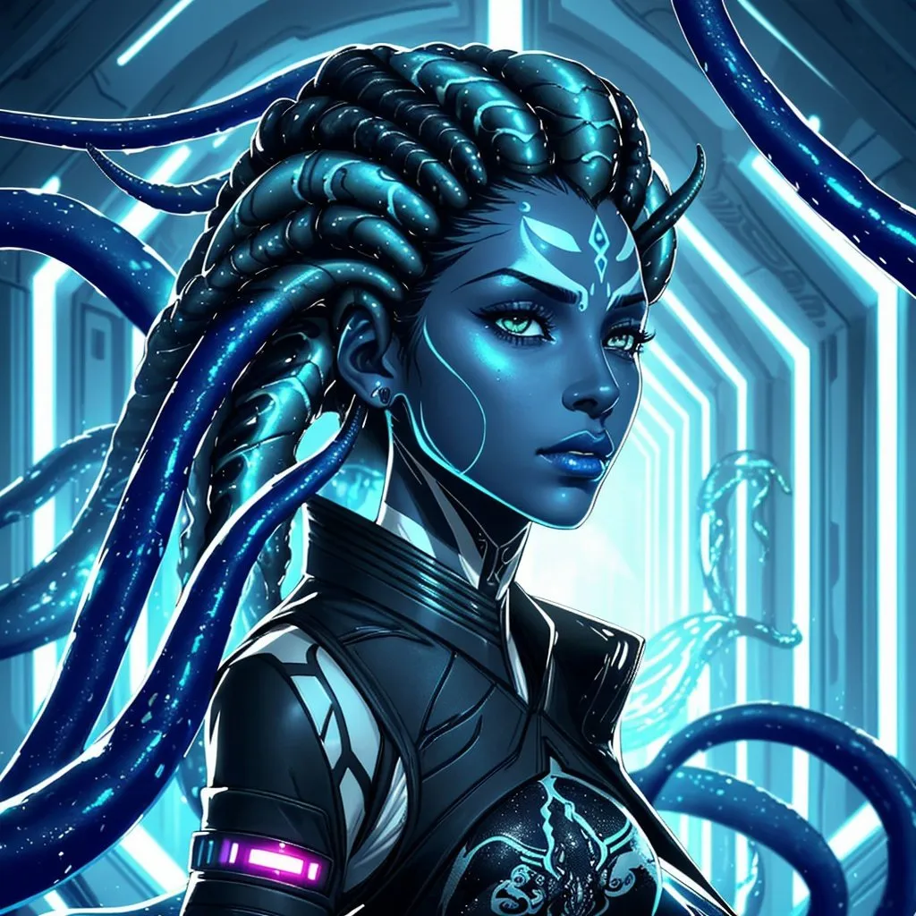 Prompt: A beautiful young woman, stunning, alien, black and white skin, jedi, symmetrical, hardened, tentacle hair, tentacle hair, tendrils for hair, tough, head-tendrils