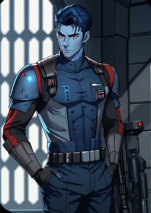 Prompt: man, red eyes, star wars, imperial officer, Chiss, slicked hair, navy blue skin, blue skin, manly, masculine, hardened, handsome, attractive, blue skin,