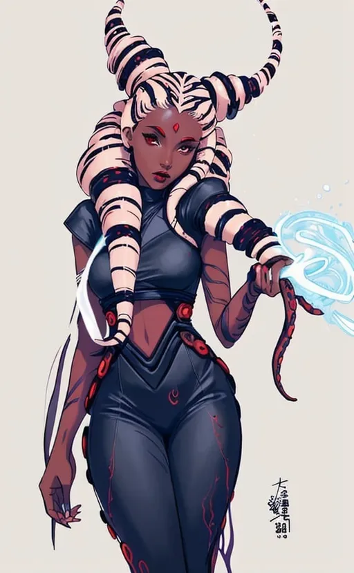 Prompt: A beautiful young woman, stunning, alien, red and black skin, tentacles for hair, jedi, symmetrical, hardened, tendril hair, tentacle hair, togruta