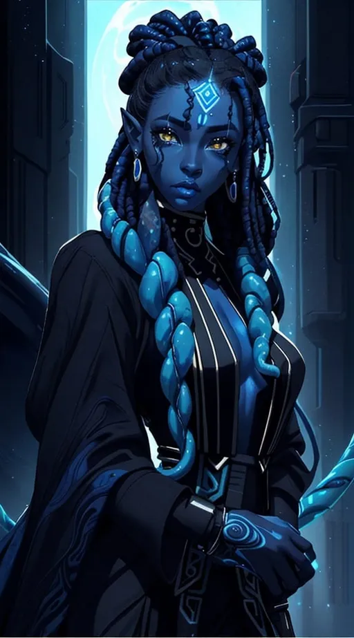Prompt: A beautiful young woman, stunning, alien, black and blue skin, jedi, symmetrical, hardened, tendril hair, tentacle hair, tendrils for hair, dreadlocks