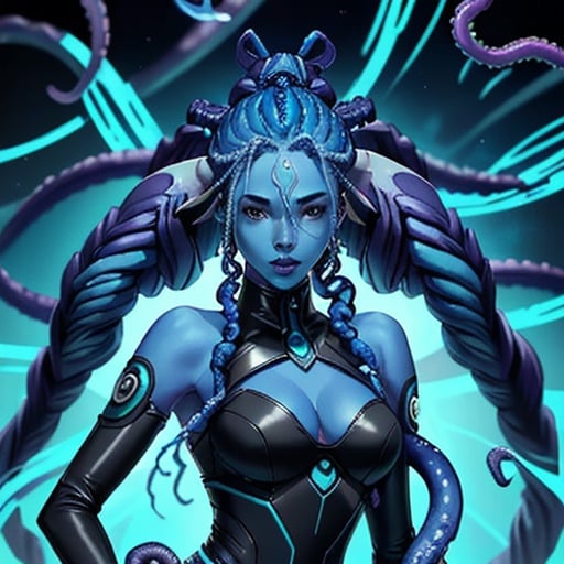 Prompt: A beautiful young woman, stunning, alien, blue skin, tentacles for hair, jedi, symmetrical, hardened, dreadlocks, tendril hair, tentacle hair, tenactles from the head