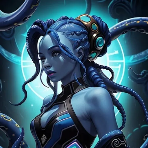 Prompt: A beautiful young woman, stunning, alien, blue skin, tentacles for hair, jedi, symmetrical, hardened, dreadlocks, tendril hair, tentacle hair, tenactles from the head