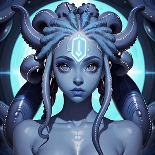 Prompt: A beautiful young woman, stunning, alien, blue skin, tentacles for hair, dreadlocks, jedi, symmetrical 