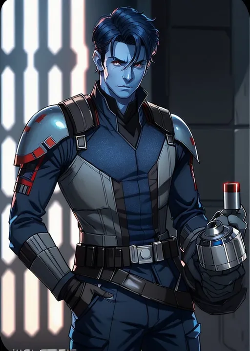 Prompt: man, red eyes, star wars, imperial officer, Chiss, slicked hair, navy blue skin, blue skin, manly, masculine, hardened