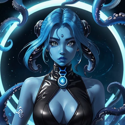 Prompt: A beautiful young woman, stunning, alien, blue skin, tentacles for hair, jedi, symmetrical, hardened