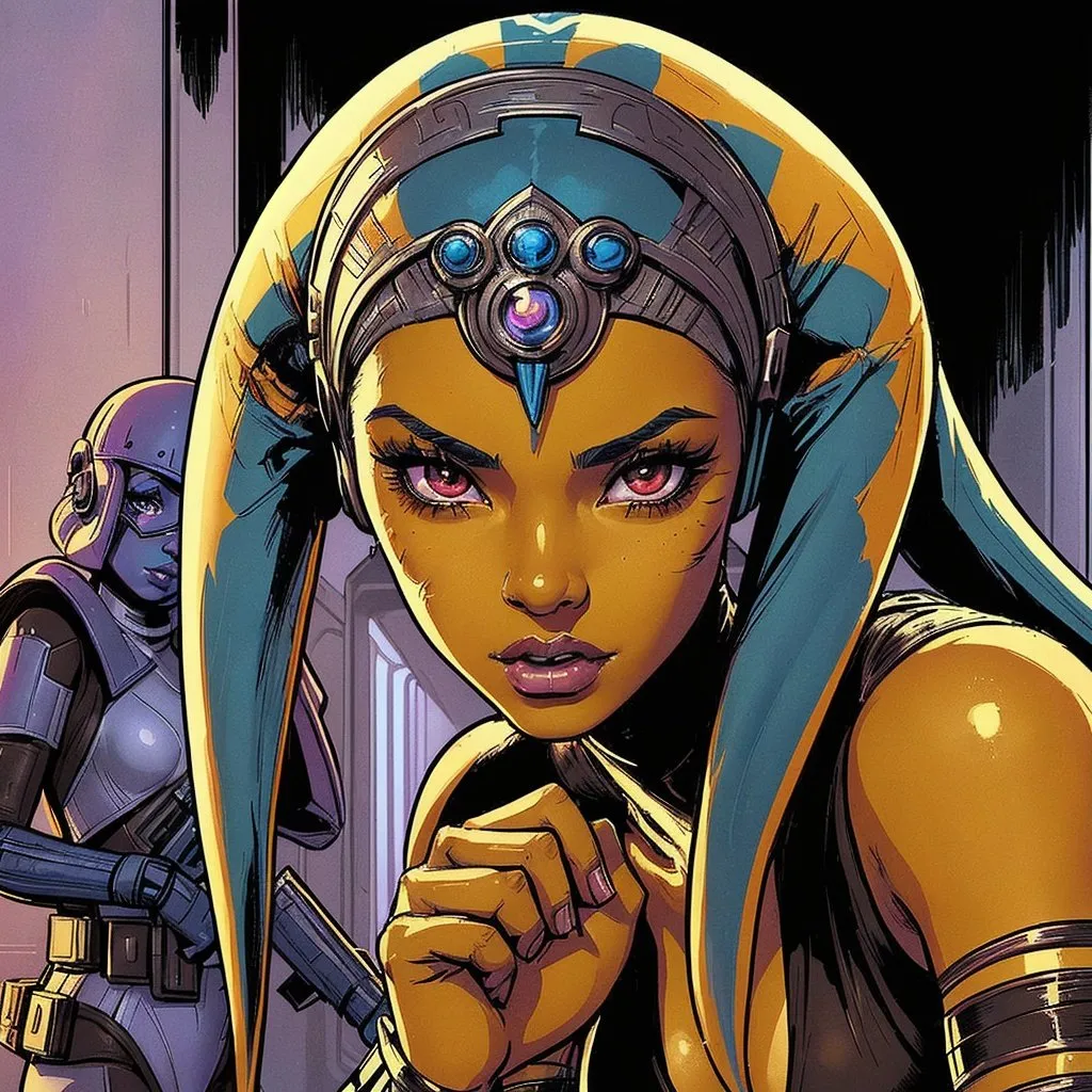 Prompt: A beautiful young woman, stunning, alien, comic art style, Star Wars RPG player character tabletop token art, hairless athletically built wondrously attractive, Star Wars Twi'lek girl with unusually colored skin and two long headtails is evading attempts from guards to restrain her, wearing ornate decorative headphones across her brow and entirely covering her ears