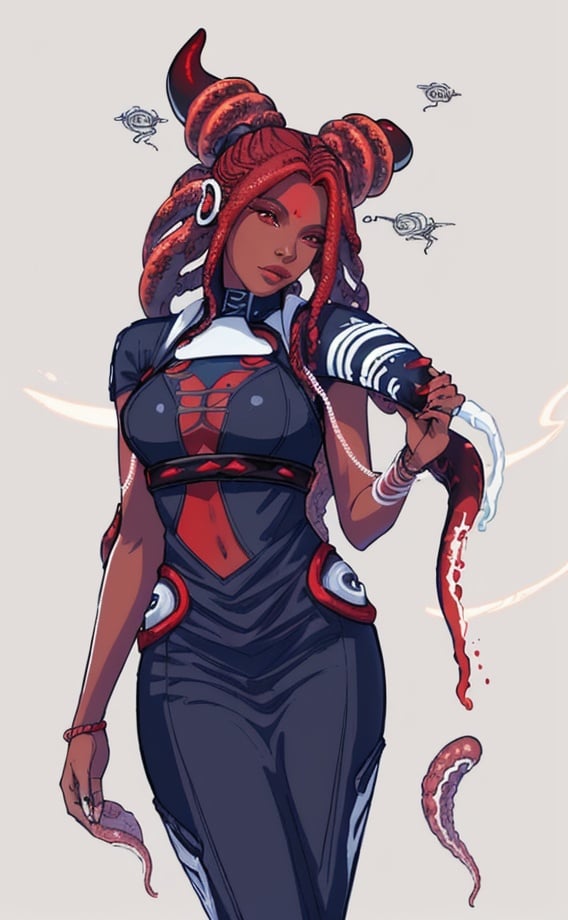 Prompt: A beautiful young woman, stunning, alien, red and black skin, tentacles for hair, jedi, symmetrical, hardened, tendril hair, tentacle hair, togruta