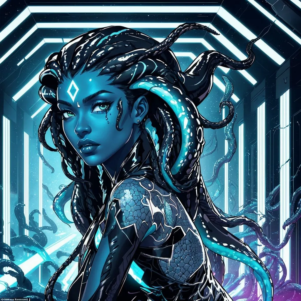 Prompt: A beautiful young woman, stunning, alien, black and white skin, jedi, symmetrical, hardened, tentacle hair, tendrils for hair, tough, head-tendrils