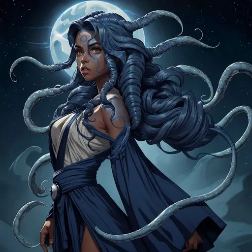 Prompt: star wars, jedi, alien, stunning beauty, tendrils for hair, tentacle hair, navy blue skin, one face, two arms, alien,  tentacle hair,