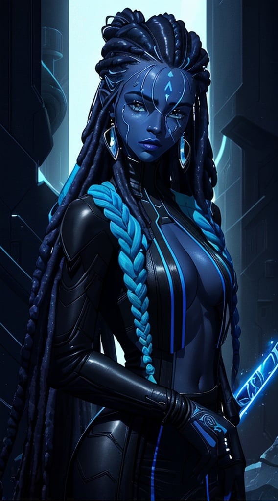 Prompt: A beautiful young woman, stunning, alien, black and blue skin, jedi, symmetrical, hardened, tendril hair, tentacle hair, tendrils for hair, dreadlocks, tough