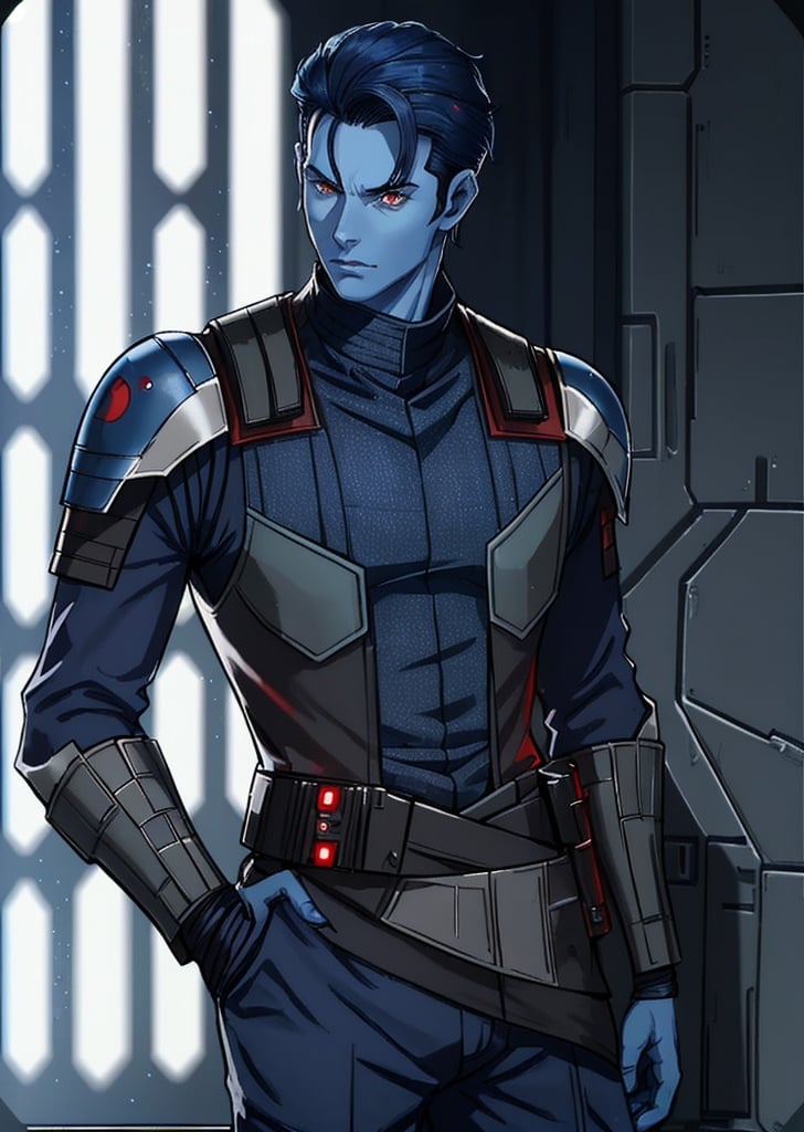 Prompt: man, red eyes, star wars, imperial officer, Chiss, slicked hair, navy blue skin, blue skin