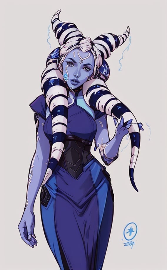 Prompt: A beautiful young woman, stunning, alien, blue skin, tentacles for hair, jedi, symmetrical, hardened, tendril hair, tentacle hair, togruta