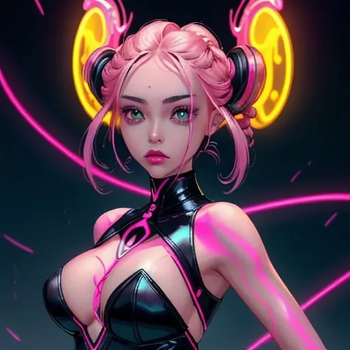 Prompt: A beautiful young woman, stunning, alien, neon pink skin, tendrils for hair, jedi, symmetrical, hardened