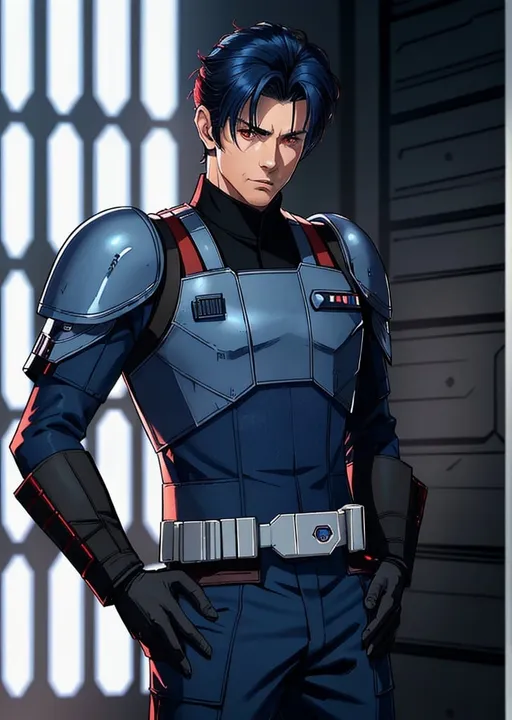 Prompt: man, red eyes, star wars, imperial officer, Chiss, slicked hair, navy blue skin, blue skin, manly, masculine, hardened