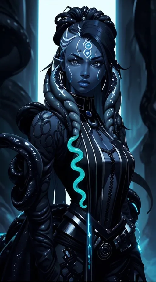 Prompt: A beautiful young woman, stunning, alien, black and white skin, jedi, symmetrical, hardened, tentacle hair, tentacle hair, tendrils for hair, tough, head-tendrils