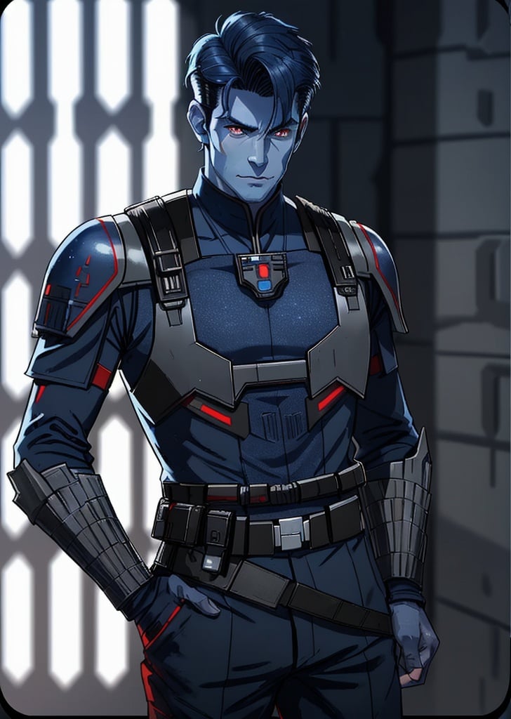 Prompt: man, red eyes, star wars, imperial officer, Chiss, slicked hair, navy blue skin, blue skin, manly, masculine, hardened