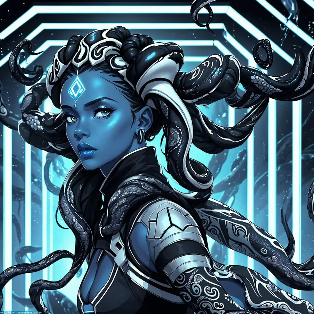 Prompt: A beautiful young woman, stunning, alien, black and white skin, jedi, symmetrical, hardened, tentacles for hair, tough, head-tendrils, tentacles for hair