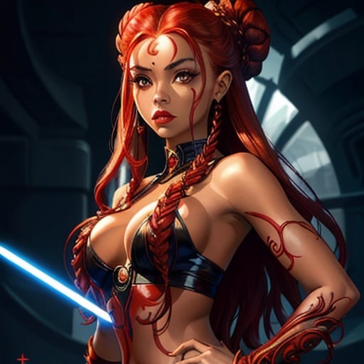 Prompt: A beautiful young woman, stunning, alien, red skin, tendrils for hair, jedi, symmetrical, hardened