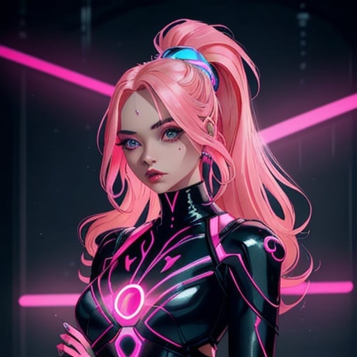 Prompt: A beautiful young woman, stunning, alien, neon pink skin, tendrils for hair, jedi, symmetrical, hardened