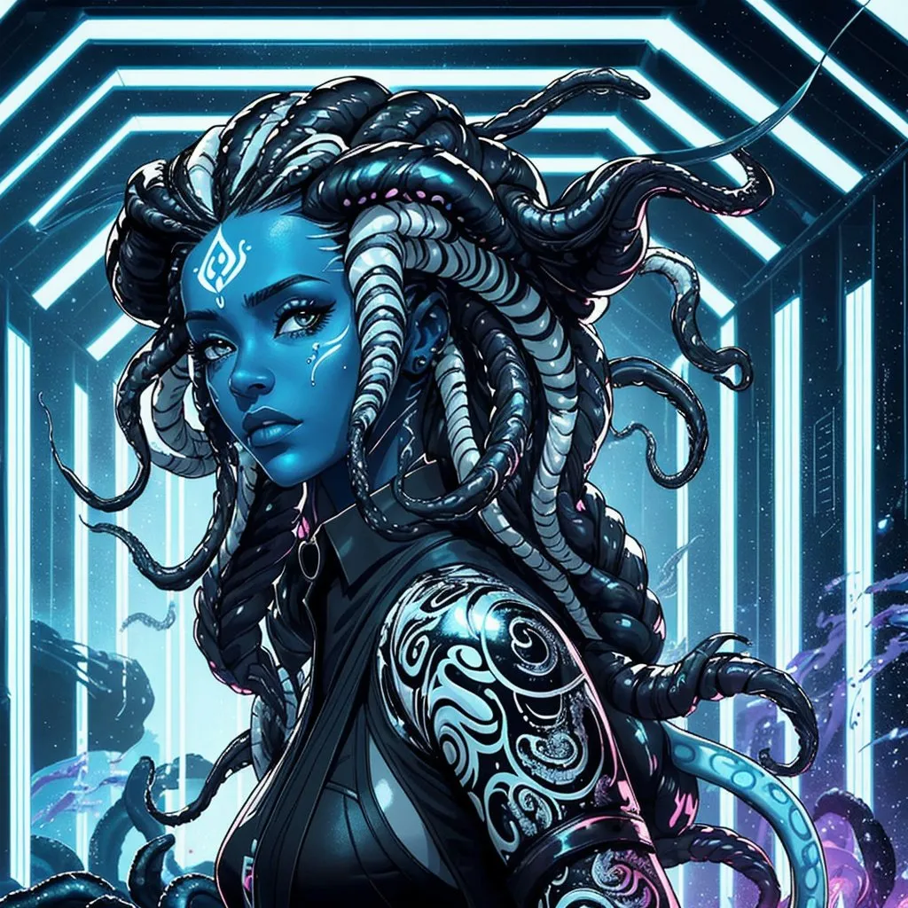 Prompt: A beautiful young woman, stunning, alien, black and white skin, jedi, symmetrical, hardened, tentacle hair, tendrils for hair, tough, head-tendrils