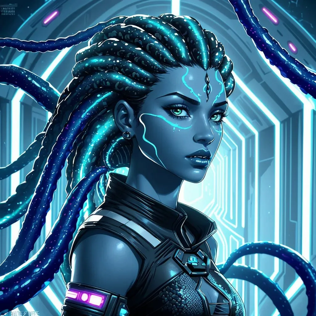 Prompt: A beautiful young woman, stunning, alien, black and white skin, jedi, symmetrical, hardened, tentacle hair, tentacle hair, tendrils for hair, tough, head-tendrils