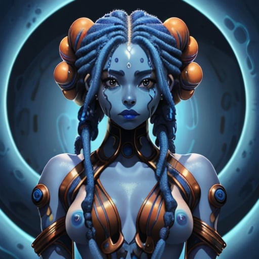 Prompt: A beautiful young woman, stunning, alien, blue skin, tentacles for hair, dreadlocks, jedi, symmetrical 