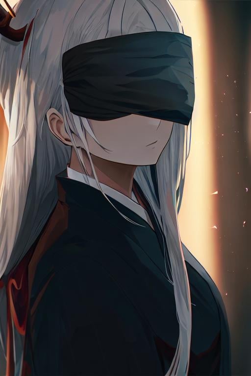 Prompt: backward antlers, white hair, female, monk, blindfold, anime, 