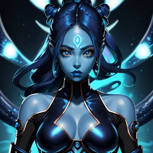 Prompt: A beautiful young woman, stunning, alien, blue skin, tentacles for hair, jedi, symmetrical, hardened