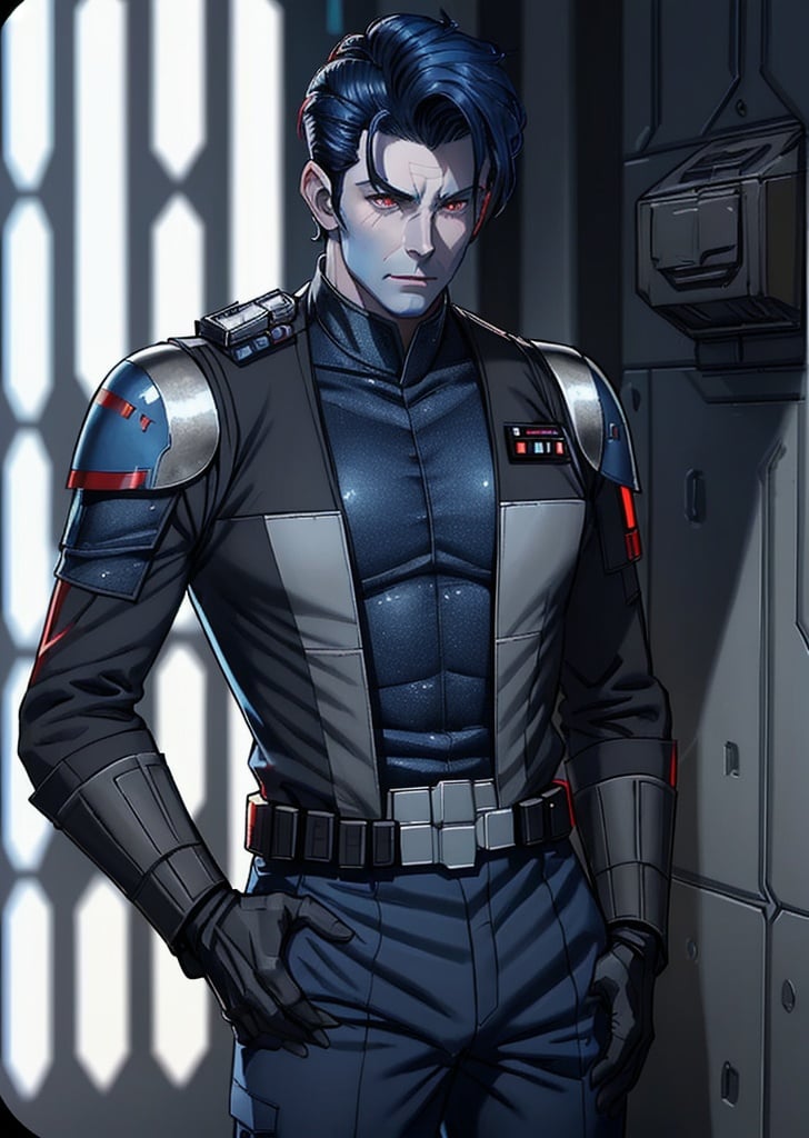 Prompt: man, red eyes, star wars, imperial officer, Chiss, slicked hair, navy blue skin, blue skin, manly, masculine, hardened