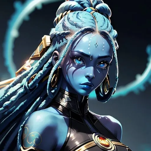 Prompt: A beautiful young woman, stunning, alien, blue skin, tendrils for hair, dreadlocks, jedi, symmetrical, hardened