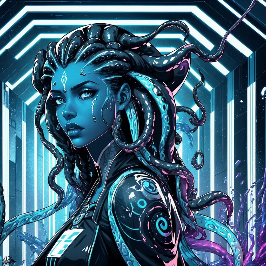 Prompt: A beautiful young woman, stunning, alien, black and white skin, jedi, symmetrical, hardened, tentacle hair, tentacle hair, tendrils for hair, tough, head-tendrils