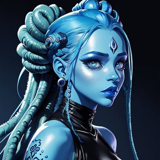 Prompt: A beautiful young woman, stunning, alien, blue skin, tentacles for hair, jedi, symmetrical, hardened, dreadlocks, tendril hair