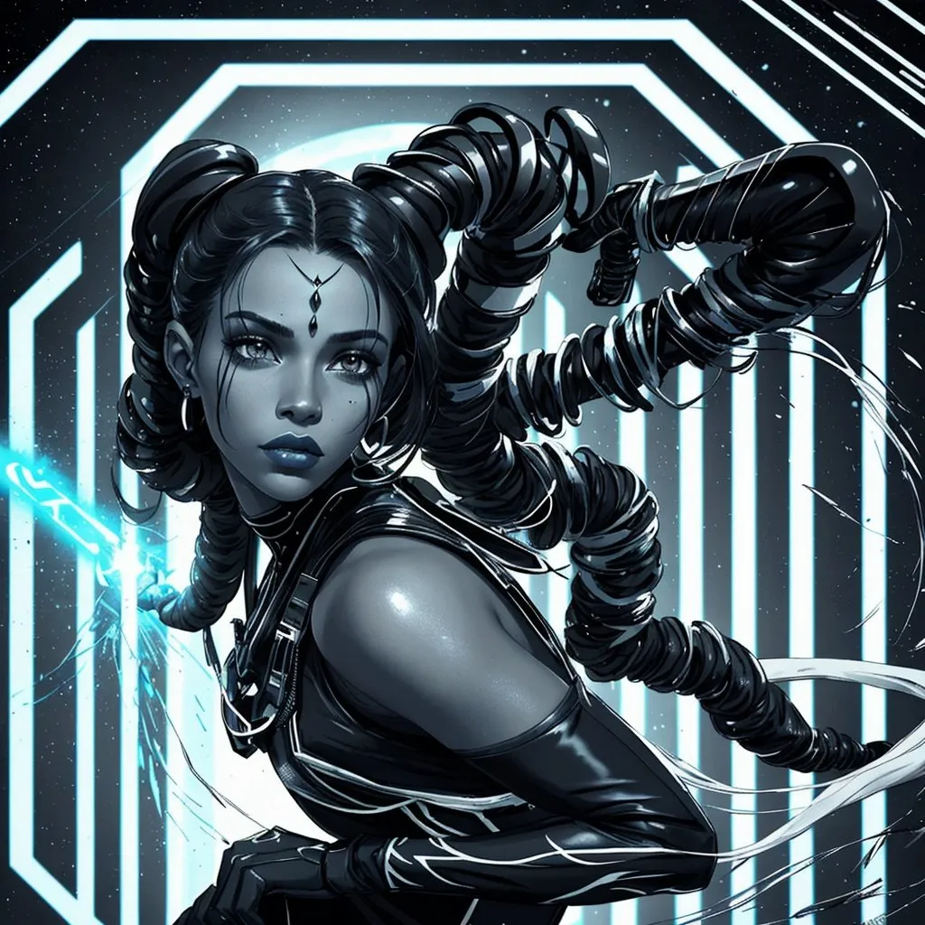 Prompt: A beautiful young woman, stunning, alien, black and white skin, jedi, symmetrical, hardened, tentacles for hair, tough, head-tendrils