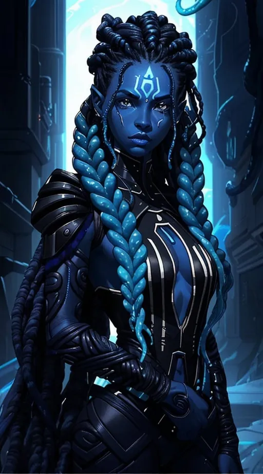 Prompt: A beautiful young woman, stunning, alien, black and blue skin, jedi, symmetrical, hardened, tentacle hair, tentacle hair, tendrils for hair, dreadlocks, tough