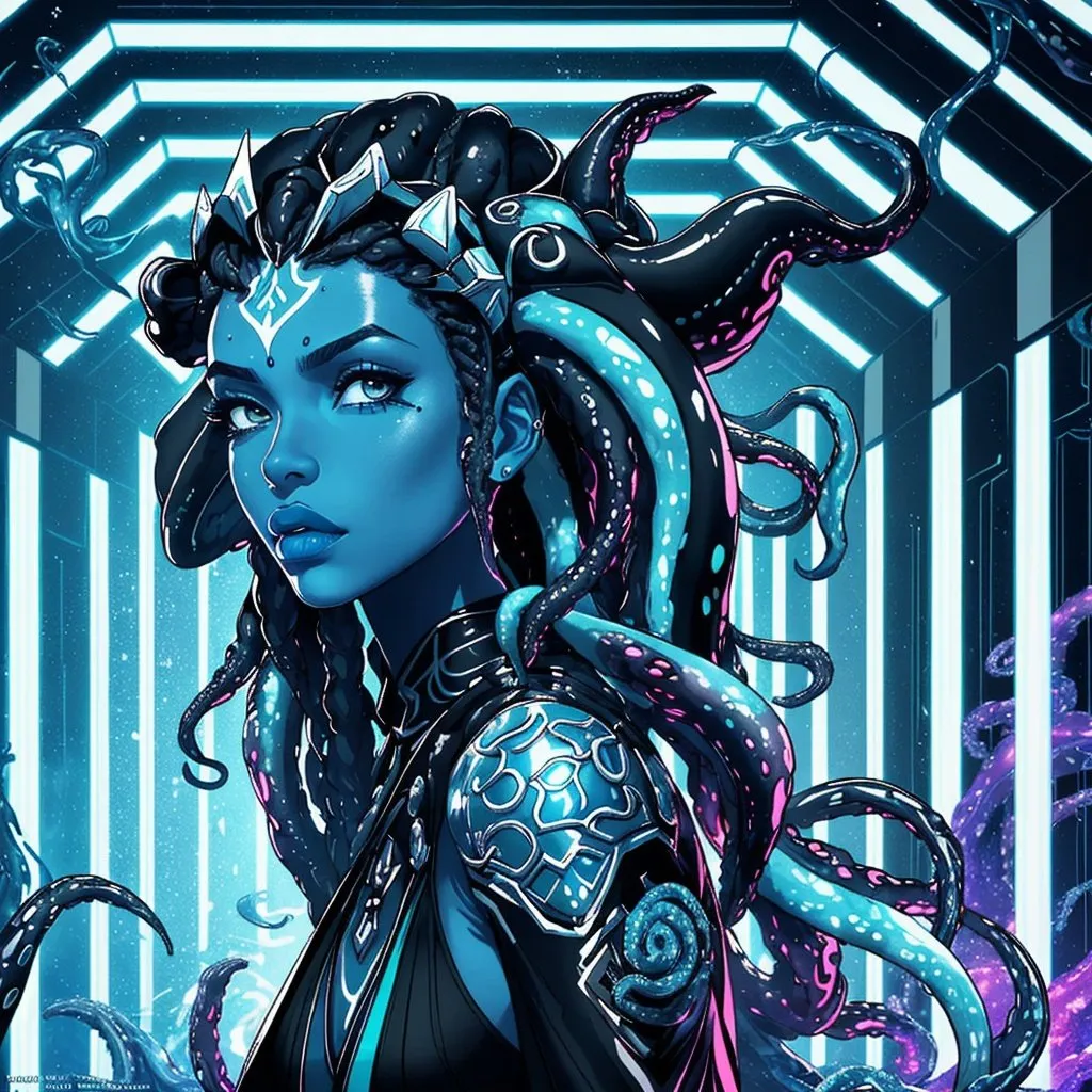 Prompt: A beautiful young woman, stunning, alien, black and white skin, jedi, symmetrical, hardened, tentacle hair, tentacle hair, tendrils for hair, tough, head-tendrils