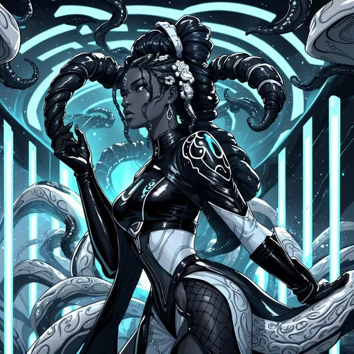 Prompt: A beautiful young woman, stunning, alien, black and white skin, jedi, symmetrical, hardened, tentacle hair, tendrils for hair, tough, head-tendrils