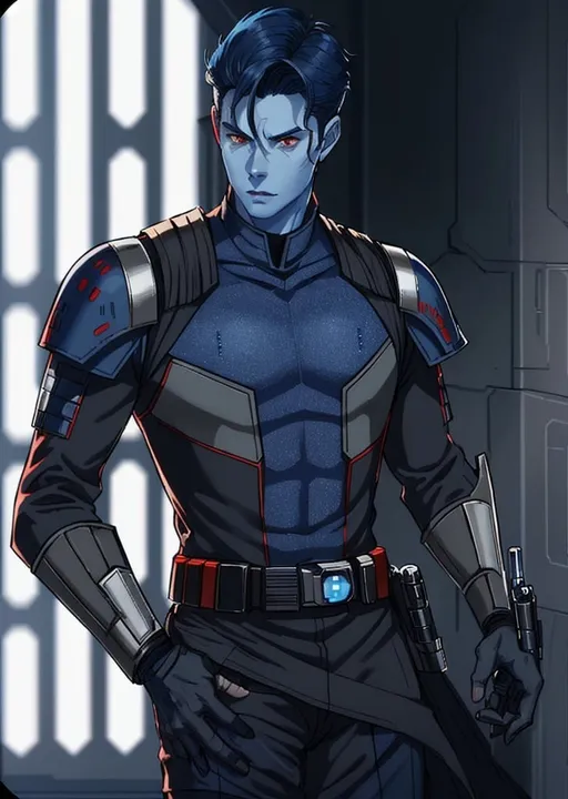 Prompt: man, red eyes, star wars, imperial officer, Chiss, slicked hair, navy blue skin, blue skin