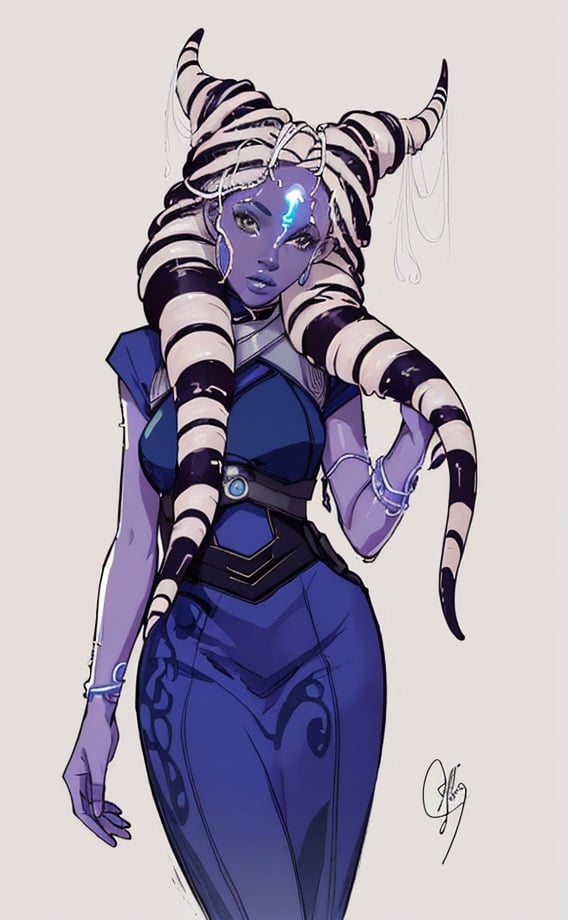 Prompt: A beautiful young woman, stunning, alien, black skin, tentacles for hair, jedi, symmetrical, hardened, tendril hair, tentacle hair, togruta