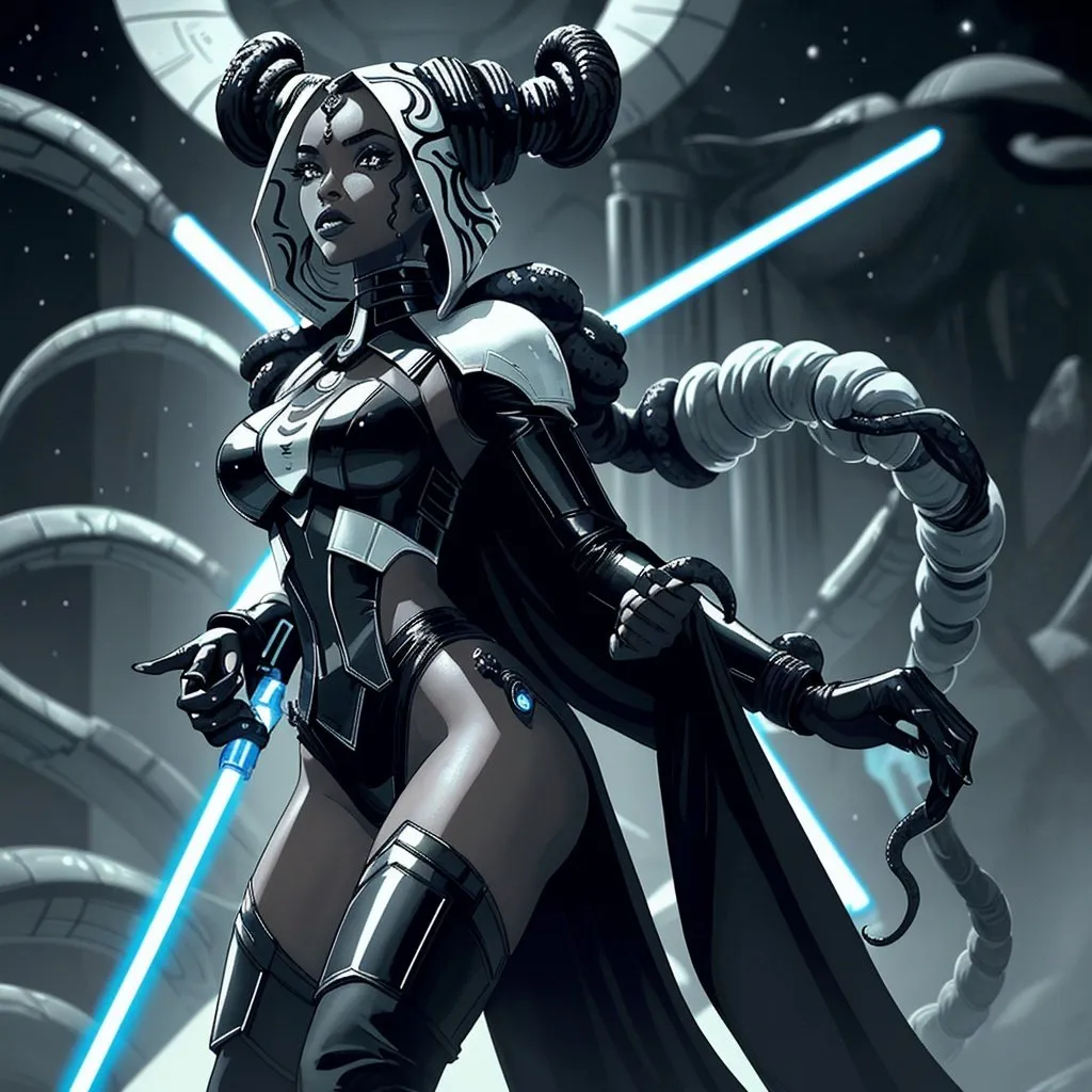 Prompt: A beautiful young woman, stunning, alien, black and white skin, jedi, symmetrical, hardened, tentacle hair, tough, head-tendrils, star wars