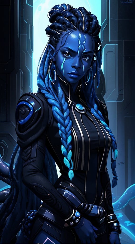 Prompt: A beautiful young woman, stunning, alien, black and blue skin, jedi, symmetrical, hardened, tendril hair, tentacle hair, tendrils for hair, dreadlocks, tough