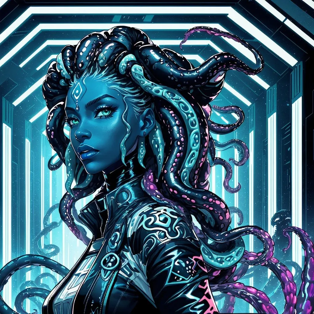 Prompt: A beautiful young woman, stunning, alien, black and white skin, jedi, symmetrical, hardened, tentacle hair, tentacle hair, tendrils for hair, tough, head-tendrils