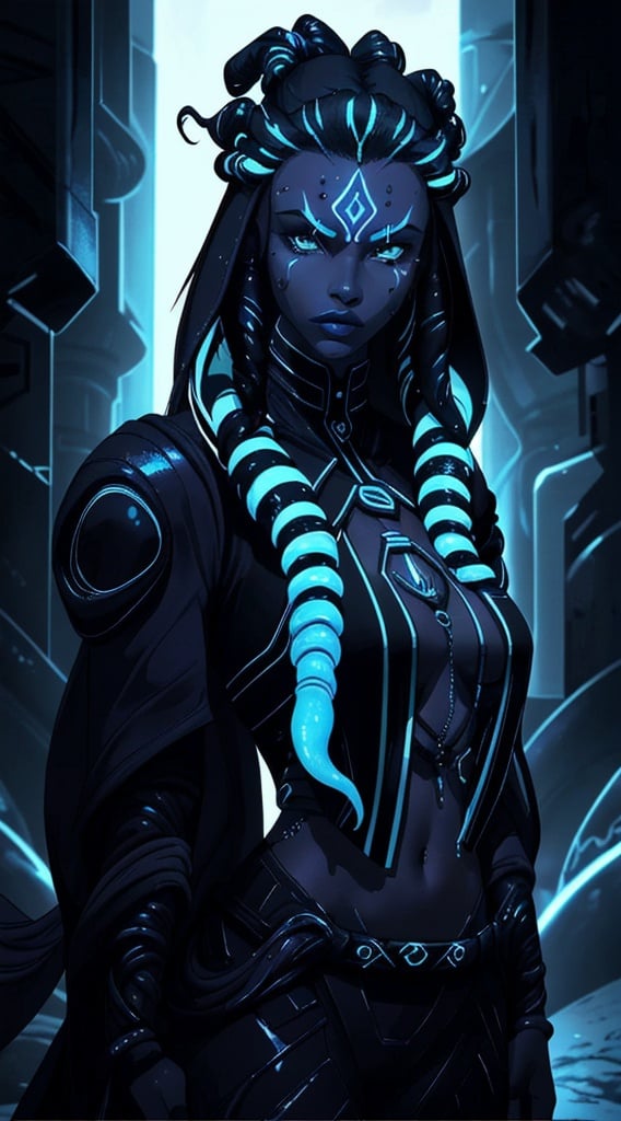 Prompt: A beautiful young woman, stunning, alien, black and white skin, jedi, symmetrical, hardened, tentacle hair, tentacle hair, tendrils for hair, tough, head-tendrils