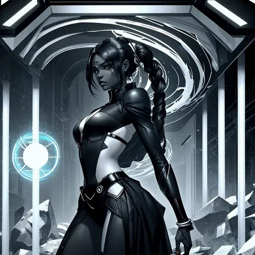 Prompt: A beautiful young woman, stunning, alien, black and white skin, jedi, symmetrical, hardened, tentacles for hair, tough, head-tendrils