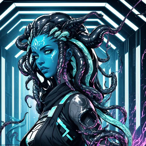 Prompt: A beautiful young woman, stunning, alien, black and white skin, jedi, symmetrical, hardened, tentacle hair, tendrils for hair, tough, head-tendrils